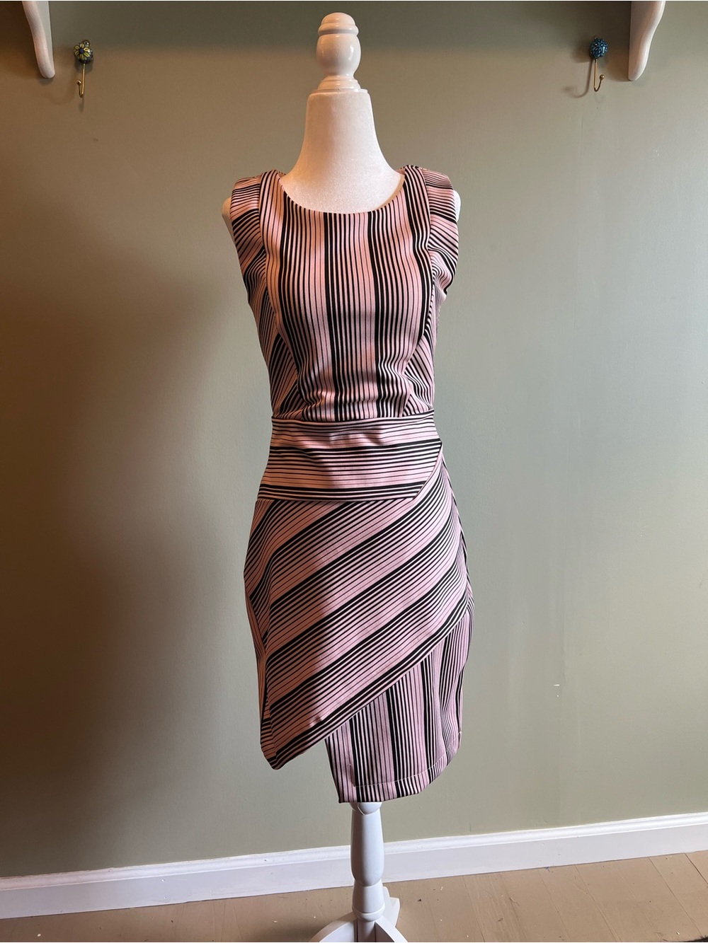 SSANGBANGWOOL Pink and Black Striped Cutout Asymmetrical Mini Dress